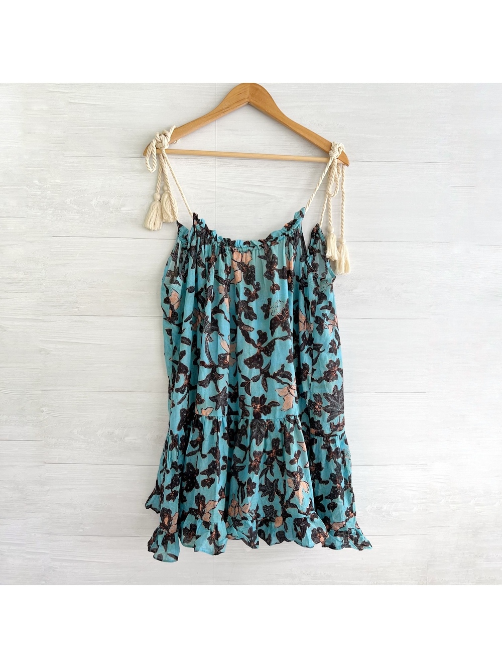 Ulla Johnson Trula Cover Up Dress M Blue Floral Tassel Tie Pre Fall 2022